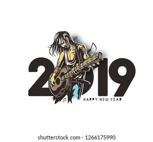 Happy New Year 2019 Text with women guitarists playing guitar Design, Vector illustration.