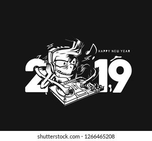 Happy New Year 2019 Text with Monster dj beard mixing music on the turntables design, Vector illustration.
