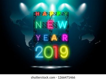 Happy new year  2019 text - Neon style Colorful  -  World map - modern Idea and Concept Vector illustration.