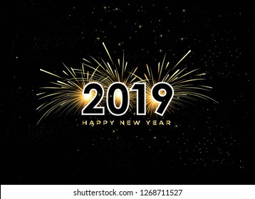 Happy New Year 2019 text design. Vector celebration with firework on dark background. Illustration premium Greeting Card, Party Invitation. Template design
