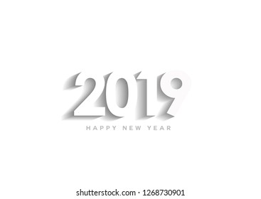 Happy New Year 2019 text design.  White colour number with shadow on white Background. Vector Holiday Design for Premium Greeting Card, Party Invitation.Template