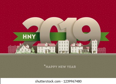 Happy New Year 2019 in town. Vector greeting card design element. Elements are layered separately in vector file.