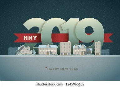 Happy New Year 2019 in town. Vector greeting card design element. Elements are layered separately in vector file.