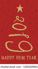 Happy New Year 2019 Tree Christmas Decoration Card Handmade Brush Style on Background with Christmas Winter Elements