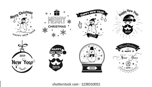 Happy New Year 2019 typographic emblems set. Christmas and new year greeting cards signs, gift tags, logo, Christmas sale, product promotion, web design and marketing materials. Vector, text design.