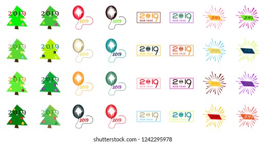 Happy New Year 2019 typographic emblems set. Vector logo, text design. Usable for banners, greeting cards, gifts etc.