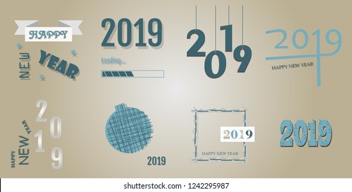 Happy New Year 2019 typographic emblems set. Vector logo, text design. Usable for banners, greeting cards, gifts etc.