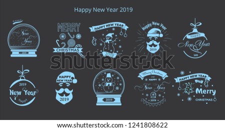 Happy New Year 2019 typographic emblems set. Vector logo, text design. Usable for banners, greeting cards.
