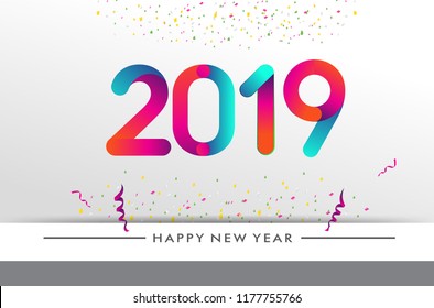 Happy new year 2019 typography vector design for greeting cards and poster with balloon, confetti, design template for new year celebration.