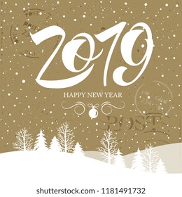 Happy New Year 2019  typography vector design for greeting cards and poster. 2019 vector number  Calligraphic Lettering design card template. Calligraphic handmade lettering. Vector illustration.