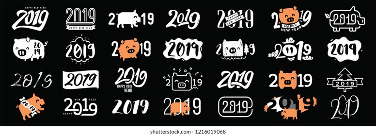 Happy New Year 2019. Typography set. Logo vector design.
