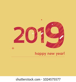 Feliz Año Nuevo 2019 Ilustración vectorial - Texto negrita con diseño creativo en fondo amarillo - Líneas rojas y blancas, círculos y signo más