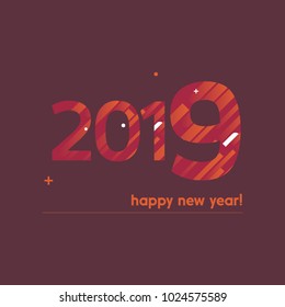 Feliz Año Nuevo 2019 Ilustración vectorial - Texto negrita con diseño creativo en fondo rojo - Líneas naranja y blanco, círculos y signo más