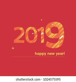 Happy New Year 2019 Vector Illustration - Bold Text with Creative Design on Red Background - Orange and Yellow Lines, Circles, Plus Sign