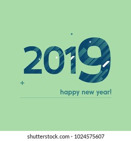 Feliz Año Nuevo 2019 Ilustración vectorial - Texto en negrita con diseño creativo sobre fondo verde - Líneas azules y blancas, círculos y signo más