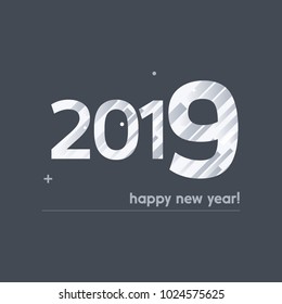 Fröhliche Vektorgrafik für das neue Jahr 2019 - Fett gedruckter Text mit kreativem Design auf dunkelgrauem Hintergrund - weiße Linien, Kreise, sowie Zeichen