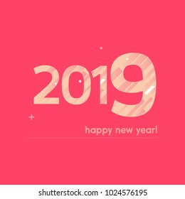 Happy New Year 2019 Vector Illustration - Bold Text with Creative Design on Red Background - Lines, Circles, Plus Sign in White and Pastel Colors