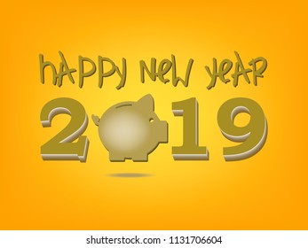 Happy New Year 2019, Vector Piggy on yellow background For New Year's Day Cards.