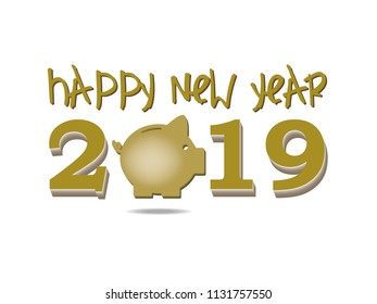 Happy New Year 2019, Vector Piggy on white background For New Year's Day Cards.