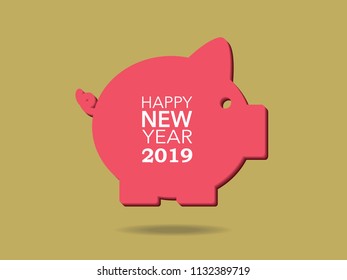 Happy New Year 2019, Vector Piggy on gold background For New Year's Day Cards.