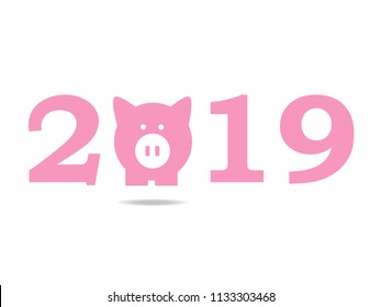 Happy New Year 2019, Vector Piggy on white background For New Year's Day Cards.