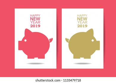 Happy New Year 2019, Vector Piggy on white and pink background For New Year's Day Cards.