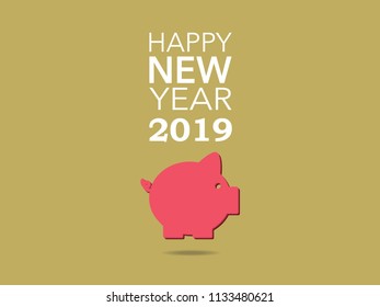 Happy New Year 2019, Vector Piggy on gold background For New Year's Day Cards.