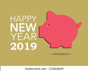 Happy New Year 2019, Vector Piggy on gold background For New Year's Day Cards.