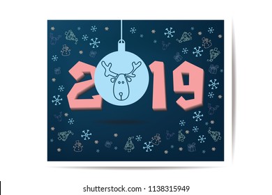 Happy New Year 2019, Vector, Illustrarion on blue background For New Year's Day Cards. EPS 10
