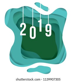 Happy new year 2019 vector background paper cut layers illustration emblem isolated concept for website , banners, fiyer, posters, holiday greeting card