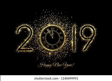 Happy New Year 2019 - Vector New Year background with gold clock on black 