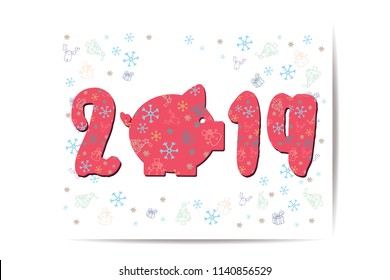 Happy New Year 2019, Vector, Illustrarion Piggy on white background For New Year's Day Cards. EPS 10