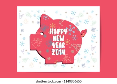 Happy New Year 2019, Vector, Illustrarion Piggy on white and pink background For New Year's Day Cards. EPS 10