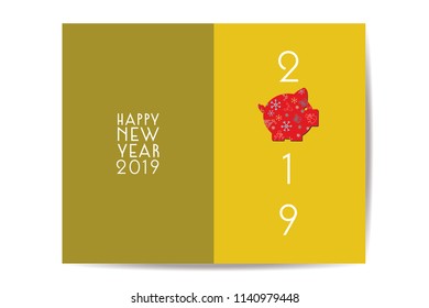 Happy New Year 2019, Vector, Illustrarion Piggy on gold background For New Year's Day Cards. EPS 10