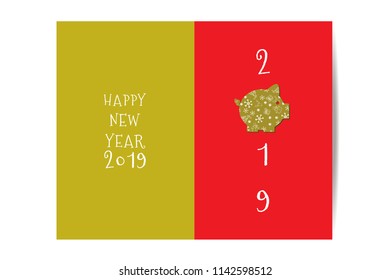 Happy New Year 2019, Vector Piggy on red and gold background For New Year's Day Cards. Vector Illutration, EPS 10
