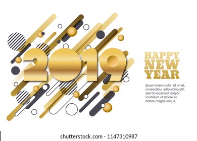 Happy New Year 2019 vector paper cut horizontal banner or greeting card. Golden numbers on motion geometric shapes background. Trendy design elements for poster, party invitation.