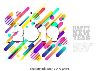 Happy New Year 2019 vector paper horizontal banner or greeting card. White paper cut numbers on motion dynamic shapes background. Trendy design elements for poster, party invitation.