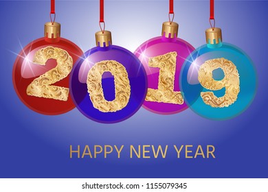 Happy New Year 2019. Vector greeting illustration with golden numbers.background decoration. Greeting card design template.