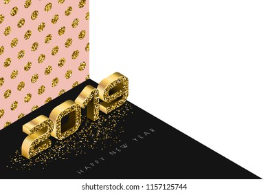 Happy New Year 2019 vector banner with golden numbers in 3d isometric style. Abstract holiday gold background. Holiday design elements for greeting card, poster, party invitation.