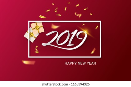 Happy new year 2019 vector illustration with golden ornaments isolated on red background