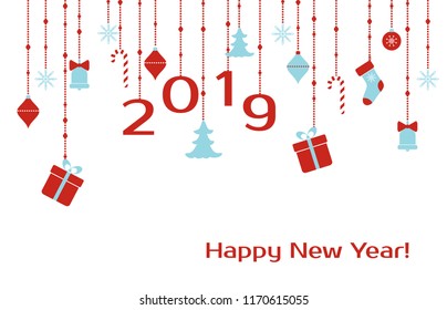 Happy new year 2019. Vector greeting card with hanging Christmas toys