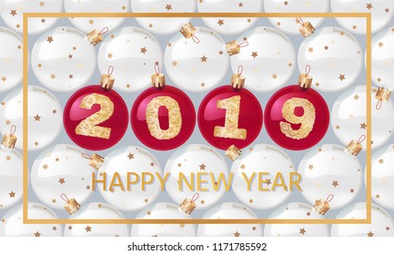 Happy New Year 2019. Vector greeting illustration with golden numbers.background decoration. Greeting card design template.