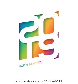Happy New Year 2019. Vector greeting card with carving art. Cover of business diary for 2019 with wishes. Brochure design template with rainbow gradient. Vector.