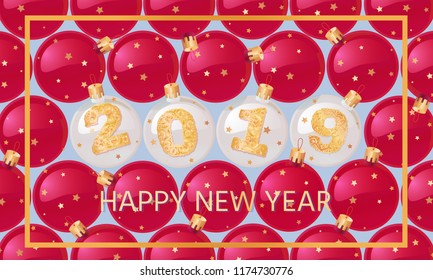 Happy New Year 2019. Vector greeting illustration with golden numbers.background decoration. Greeting card design template.