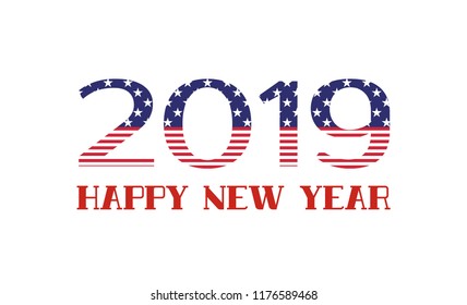 Happy New Year 2019. Vector greeting card with USA flag