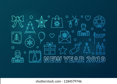 Happy New Year 2019 vector blue horizontal illustration or banner in thin line style