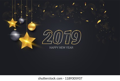 Happy new year 2019 vector illustration with golden ornaments isolated on black background