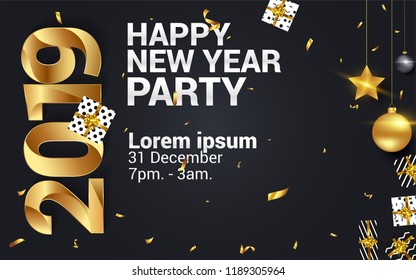 Happy new year 2019 vector illustration with golden ornaments isolated on black background
