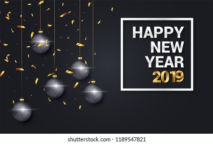 Happy new year 2019 vector illustration with golden ornaments isolated on black background