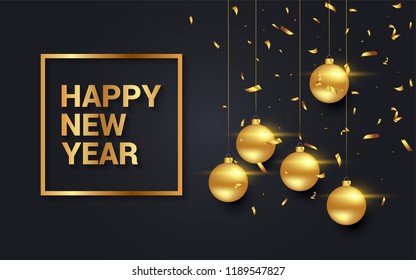Feliz año nuevo 2019 Ilustración vectorial con adornos dorados aislados sobre fondo negro
